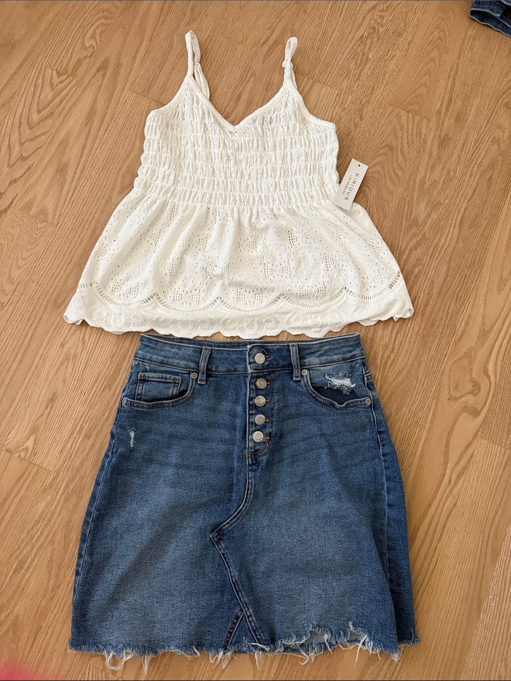 Maurices Denim skirt with White Eyelet Smocked Cami with Adjustable Straps